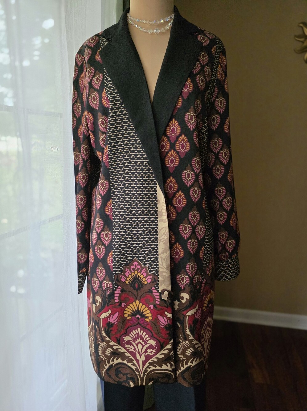 Chico’s Mixed Print Duster Blazer Jacket Size 1 M/L Boho Open Front Cardigan